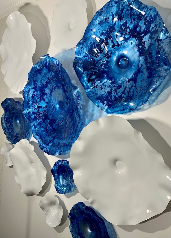 Recycled Plastic Wall Flower Decor: Blue & White Coastal Art catches the light like glass