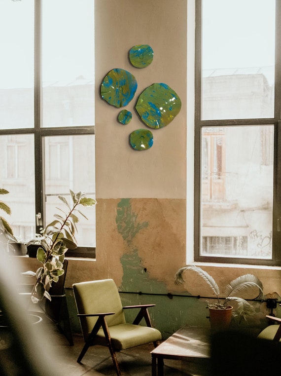 Original Neutral wall flower sculpture 5 green/blue/yellow handmade recycled plastic/earth tone home decor/ceiling hanging/looks like glass