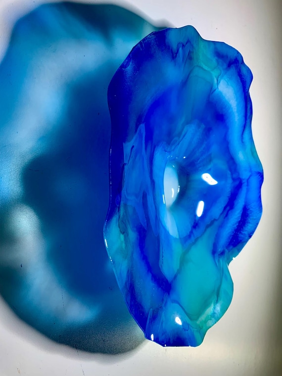 Original handmade eco friendly plastic wall flower ocean blue & aqua marine green small 9” looks like glass/home decor
