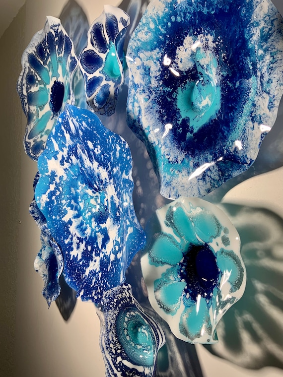 Made to order Wall sculpture 8 Aquatic Blue/white/aqua handmade up cycled plastic looks like glass/home decor flowers large wall mount
