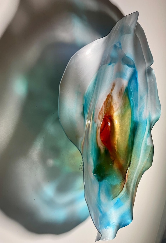Handmade One of a Kind Wallflower 12”: Recycled Polymer  Sculpture in Stunning Silver, Orange & Blue - glass like look