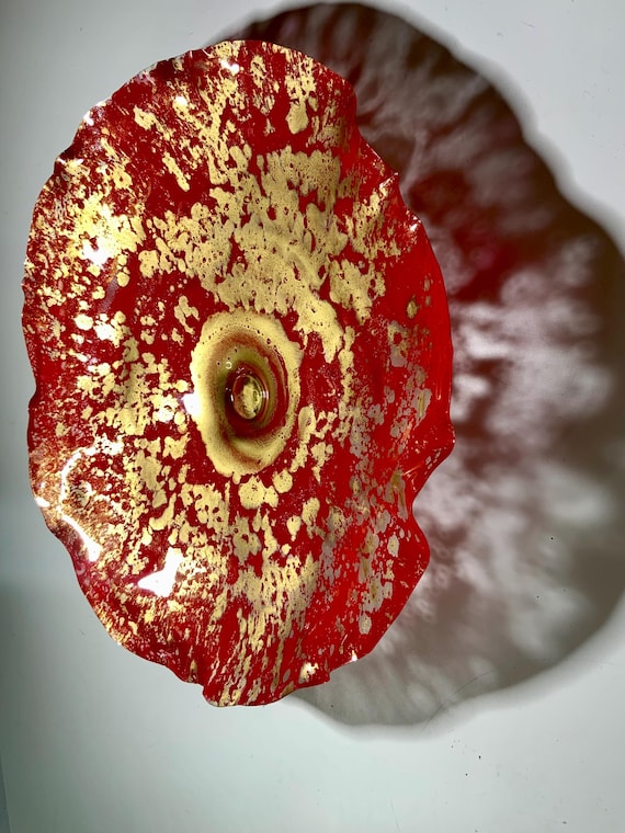 Recycled water bottle art wall flower handmade/cool home decor extra large 19” coral red/gold eco art/looks like glass