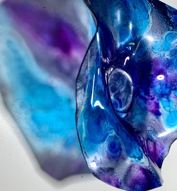 Blue/silver/purple original coralREEFlections handmade recycled plastic flower extra small 5” looks like glass/home decor wall hanging art