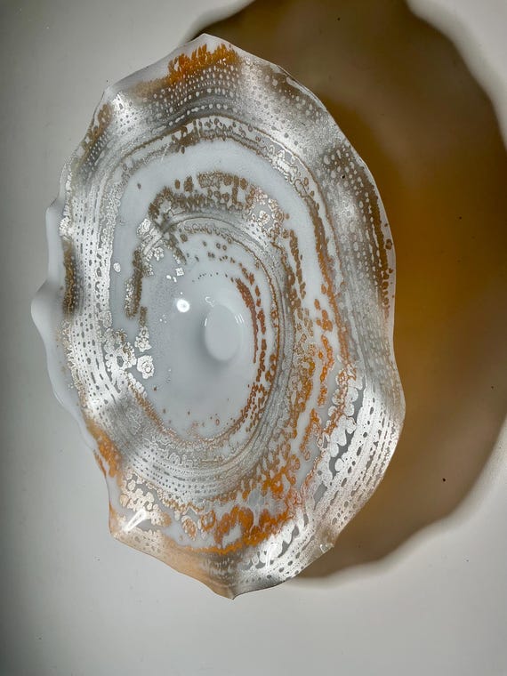Up Cycled water bottle wall flower 12" orange, silver. & white handmade eco art home decor- looks like glass
