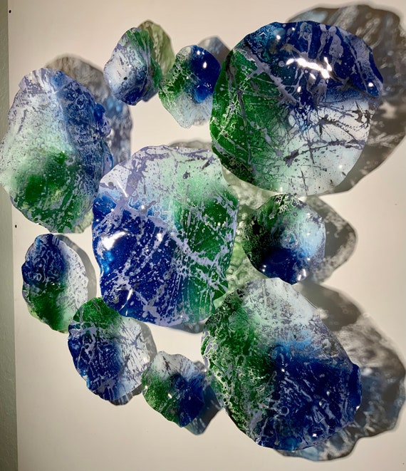 Hand made recycled Plastic Wall flower 9 blue/lavender/green/white/beach home decor whimsy/looks like glass/outdoor art/earth friendly mural
