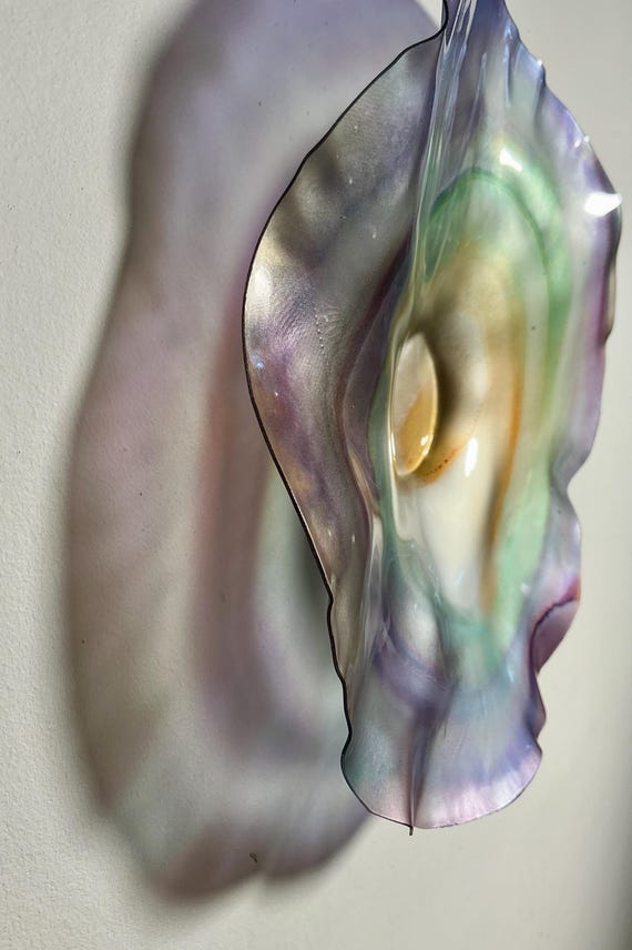 Flower Wall Mount Art - lavender, green & gold Handmade Eco Decor from Recycled Plastic - 9” glass like look