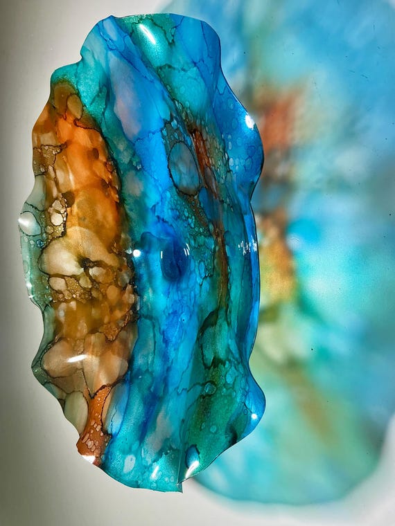 Stylish Brown, Blue & Burnt Orange Wall Art - Upcycled Polymer for Home and Office- glass like look 15”