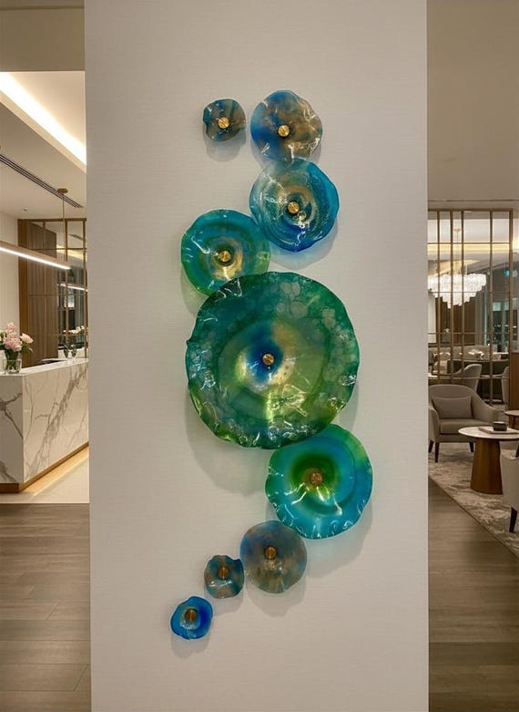 Handmade Gorgeous 9-Piece Wallflower Set in Green, Blue & Gold – Glass Like - up cycled Upcycled Art