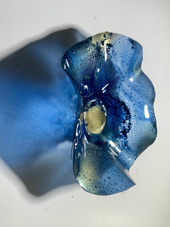 Recycled plastic wall flower extra small 5” blue/black/gold;looks like glass/outdoor poolside art/unique beach home wall decor