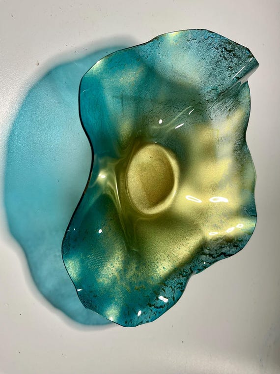Handmade Recycled Polymer Wall Flower Art (5-inch) – aqua & gold Glass-Look Decor