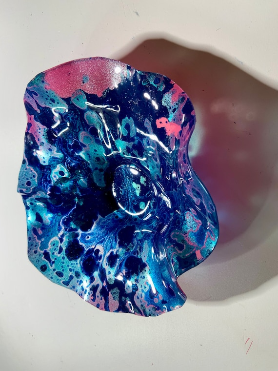 Original handmade recycled plastic wall flower extra small 5” blue/aqua/pink/silver looks like glass/outdoor/unique gift idea home decor art