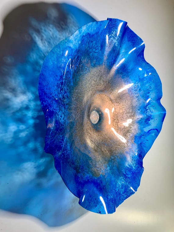 Handmade up cycled plastic wall flower/ floral home decor extra large 19” cobalt blue/copper wall art/Ocean Arts/looks like glass