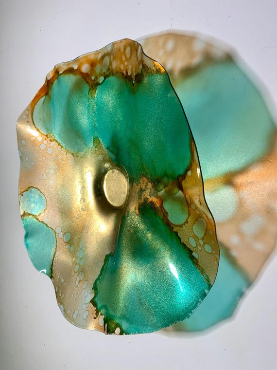 Handmade recycled plastic home decor Small Wall flower 9” aqua green;orange;gold funky wall hanging/looks like glass/Todd Lynd art