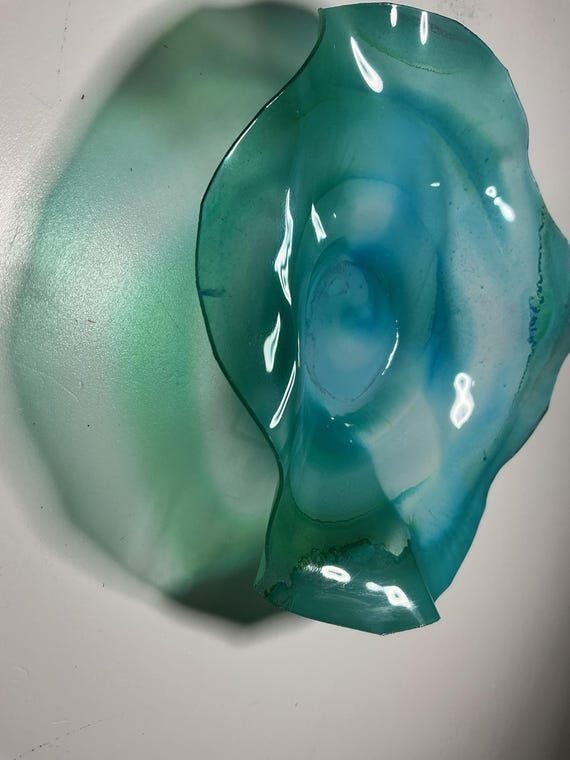 Wall flower handmade from up cycled Polymer- aqua blue & green  Art –  5-6 Inch (Glass Look)