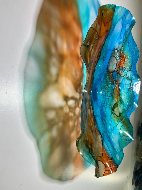 Stylish Brown, Blue & Burnt Orange Wall Art - Upcycled Polymer for Home and Office- glass like look 15”