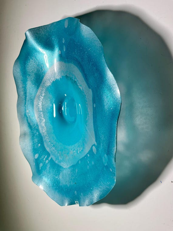 Recycled Plastic Wall Flower Sculpture: Coastal aqua blue & silver Art, 9"