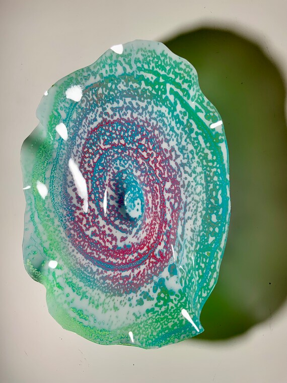 Wall decor medium 12" mint green, aqua, pink & white handmade - recycled plastic/boho home decor - looks like glass