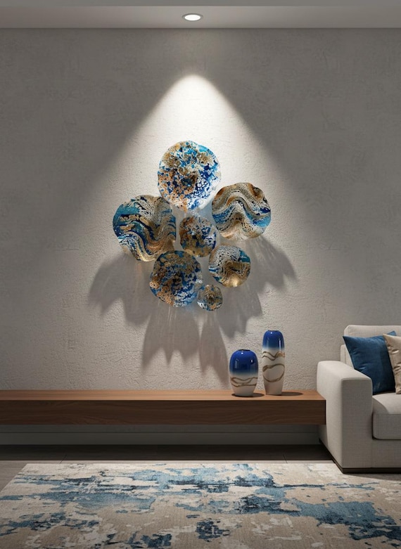 Made to order Wall flower sculpture gold, blue, brown & white up cycled polymer- home decor wall hanging - looks like glass