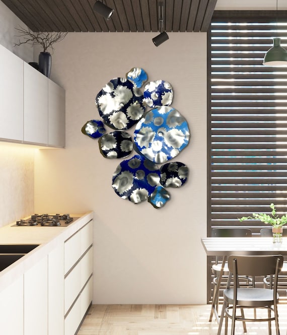 Original Wall sculpture Floral art 9 navy/light blue/silver handmade recycled plastic/boho beach home decor/large mural art/looks like glass