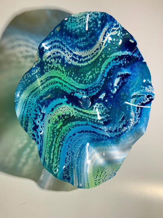 Original floral Wall sculpture 15” handmade up cycled plastic beachy aqua green/blue/silver looks like glass/coastal home decor platter art