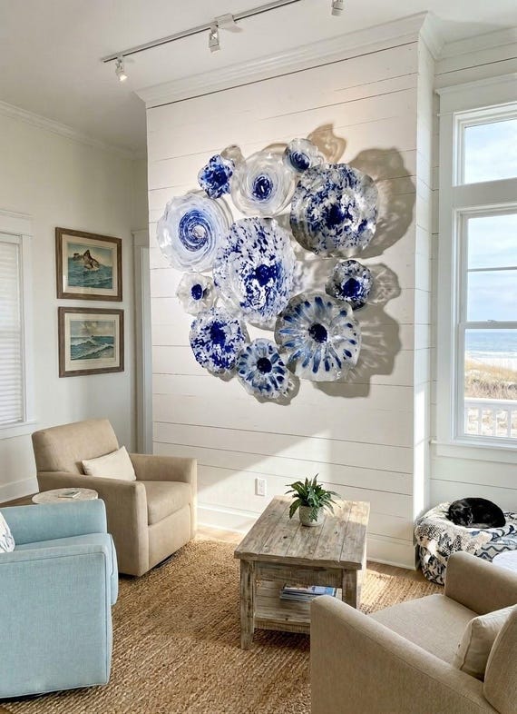 Made to order; Blue Silver Gray Wall Flower Mural: handmade from up cycled polymer - home Decor- looks like glass