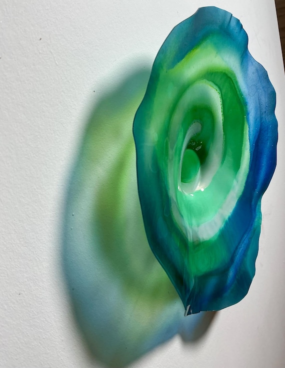 Wall flower home decor green & blue - handmade from Recycled Polymer - 9” glass like look