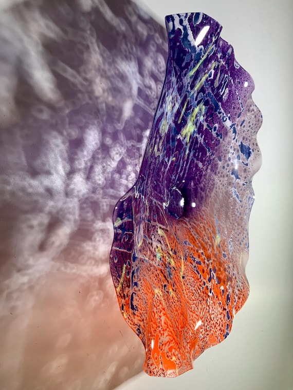 Handmade wall flower coralreeflections art purple/lavender/orange 13” up cycled plastic bedroom home decor wall hanging/looks like glass