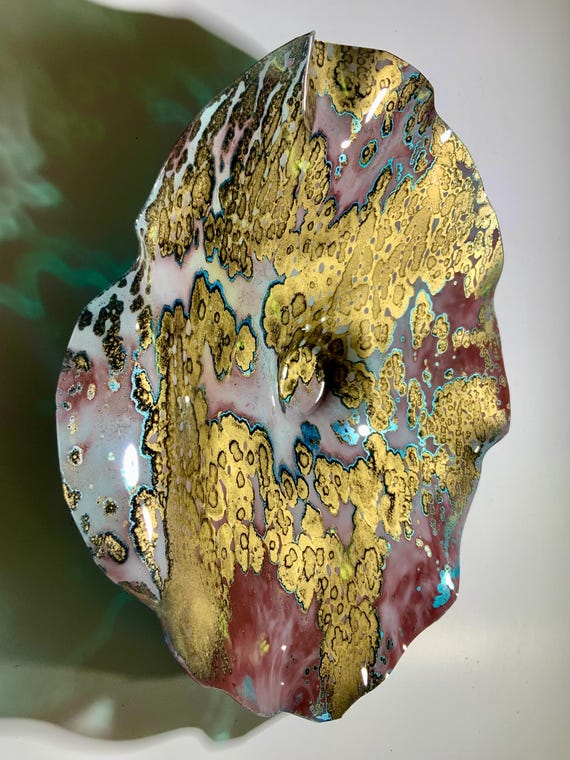 Recycled water bottle wall flower accent art 12" gold, mauve & teal handmade one of a kind- eco art boho home decor - looks like glass