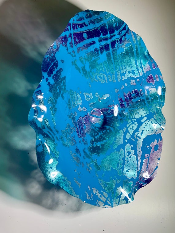 Geometric wall decor medium floral accent art 12" blue/green/purple/silver handmade recycled plastic/home decor/outdoor art/looks like glass