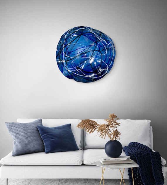 XX large wall flower 24” handmade eco-friendly plastic/blue/black/white looks like glass- wall hanging/lightweight