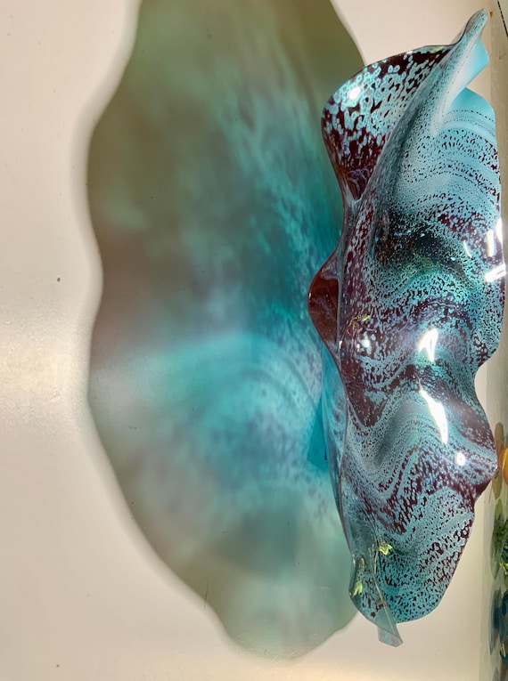 CoralREEFlections original wall flower large 15” aqua/maroon/black repurposed plastic/beach home decor/looks like glass/conversation gift