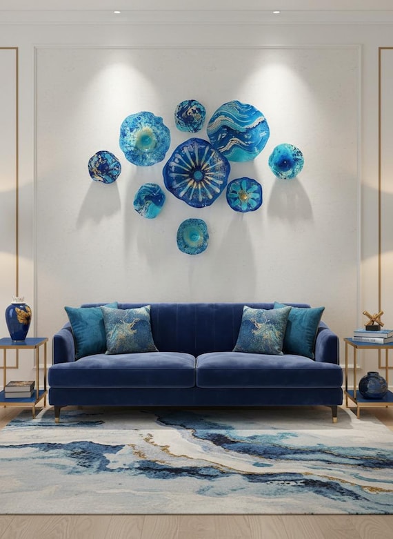 Made to order Gold/teal blue/aqua wall flower 7 handmade looks like glass recycled plastic large wall hanging/boho home decor metallic mural