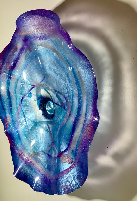 CoralREEFlections original wall flower large 15” watery blue/silver/amethyst purple recycled plastic/cool beach home decor/looks like glass