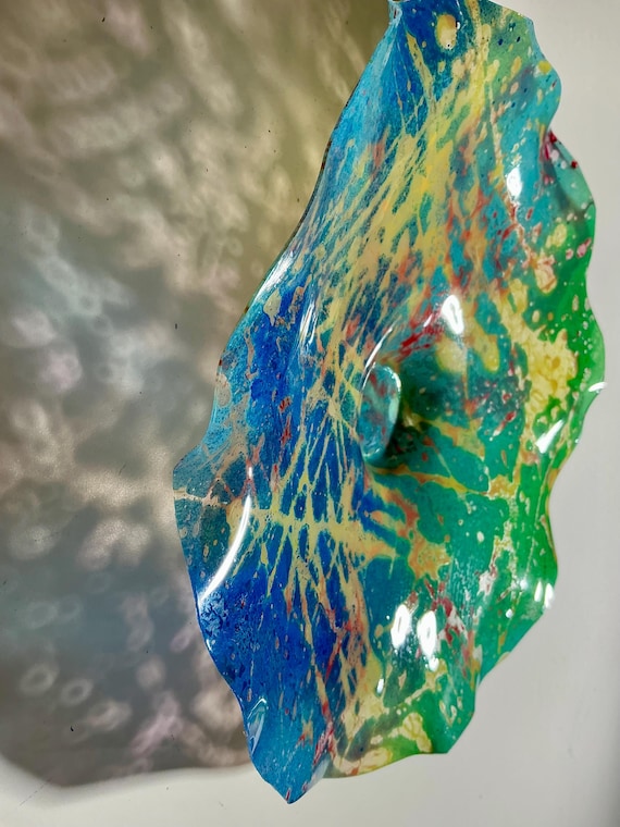 Vibrant up cycled polymer Wall Art 9” | blue, green, orange & yellow Home Decor- looks like glass