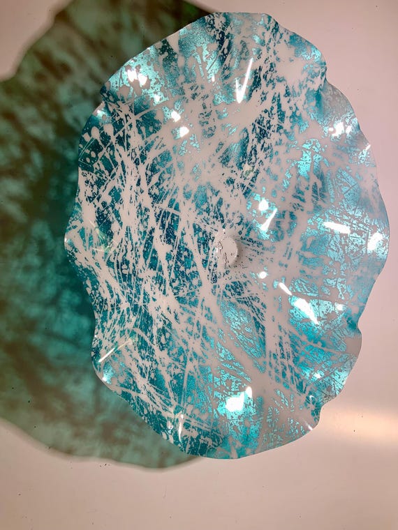 Extra large wall hanging decor art/handmade up-cycled polymer 19 - metallic teal & white Ocean Arts/looks like glass