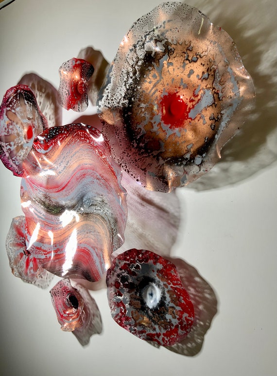 Original Large Wall Sculpture mural art 7 red/copper/black/gray handmade polymer/flower hanging/home bedroom decor-looks like glass