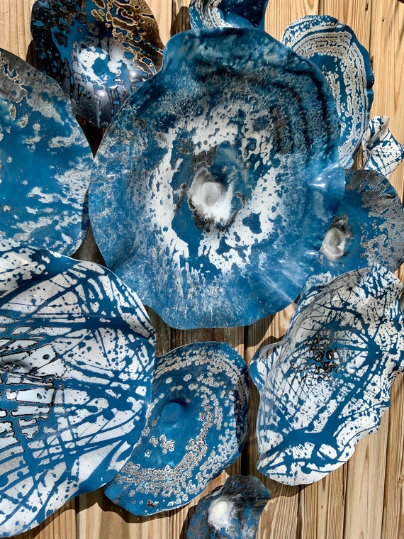 Denim Blue/white /black wall flower platters 11 handmade original/beach home decor/eco-friendly plastic looks like glass/ceiling hanging art