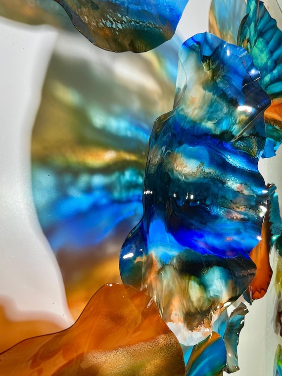 Stunning Light Reflecting Wall Flower Art - Set of 7 Handcrafted from Recycled Plastic in Blue & Teal