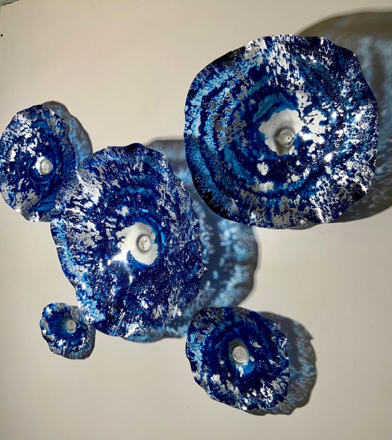 Shades of blue and silver flowers wall art - handmade recycled polymer looks like glass pick your size & quantity image 5