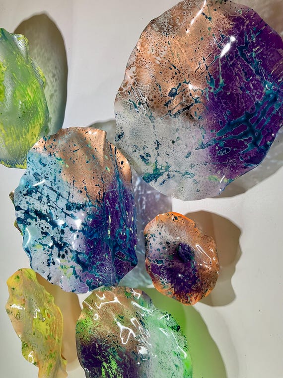 Recycled Plastic Wall Flowers - Set of 7 in Purple, Copper, Teal, Green - Unique Home Decor- glass like look