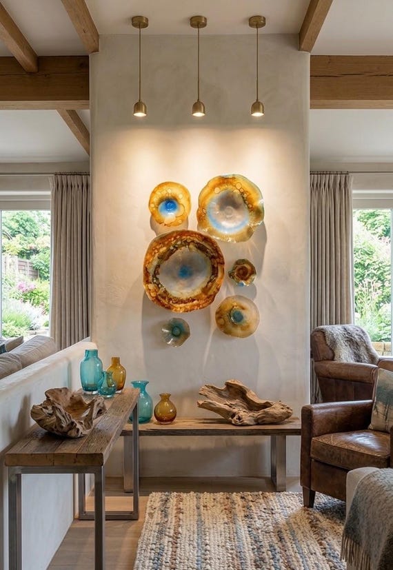 Stylish Set of 6 earthy amber, caramel, gold, blue, silver & greens Wall Art | Eco-Friendly polymer- Handmade with Glass Effect