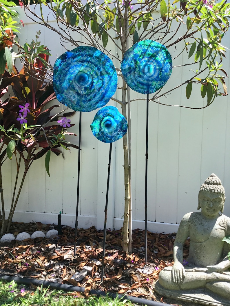 Wall Flower sculpture Teal blue-green recycled plastic looks like glass/wall mount/indoor outdoor/boho wall decor You pick size/quantity image 7