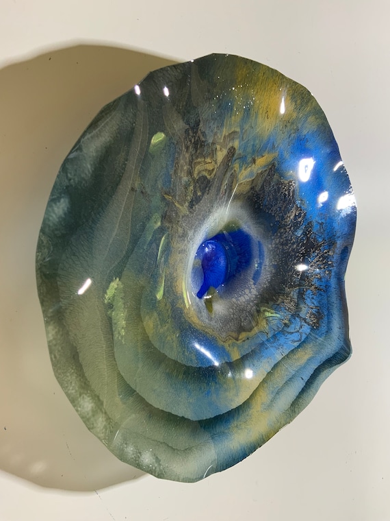 Original small wall flower 9” handmade recycled plastic/blue/gold/white/khaki green/cool home decor/looks like glass/living room