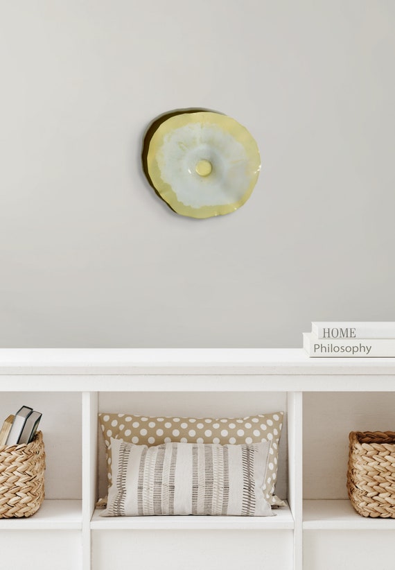 Original Ocean Arts handmade eco friendly plastic wall flower buttery yellow/white small 9” looks like glass/outdoor art/neutral wall decor