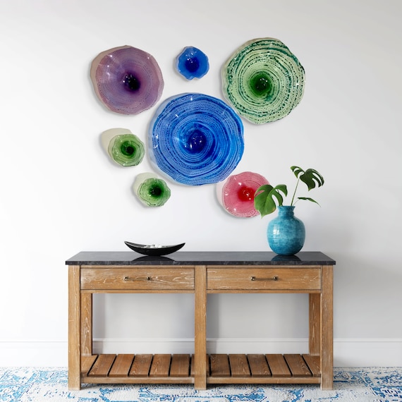 Original wall platter mural 7 blue/purple/green/red handmade recycled plastic/looks like glass/indoor outdoor/colorful home decor whimsy art