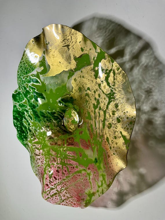 Beautiful 9" Wallflower | Green Pink Gold Handmade Decor | Glass-Look Boho Home Art