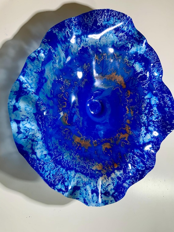 Original handmade wall decor recycled plastic 15” cobalt blue/orange looks like glass/boho beach home cool wall art