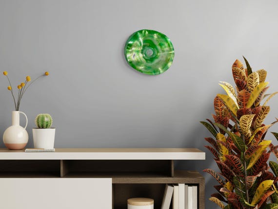 Small Wall flower decor vibrant art for home 9”” green/gold blend handmade recycled plastic/boho Yard art/ceiling hanging/looks like glass