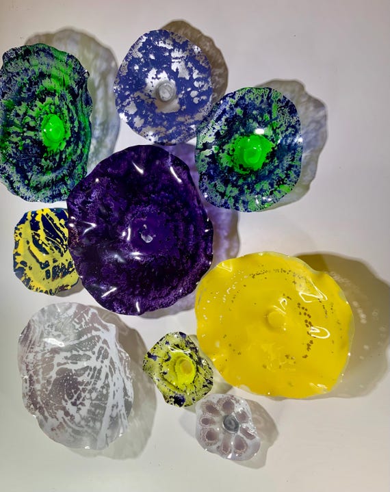 Wall Flower 9 colorful artist choice purple/silver/yellow/green/blue handmade up-cycled plastic looks like glass/boho home decor mural/gift