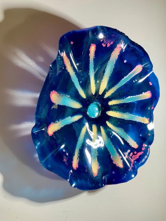 Handmade round wall decor recycled plastic 15” dark blue/pink/gold/aqua looks like glass/unique boho home minimalist decor art/cool wall art